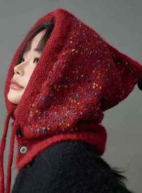 红色针织巴拉克拉法帽子女秋冬天保暖大头围显脸小围巾一体0117k