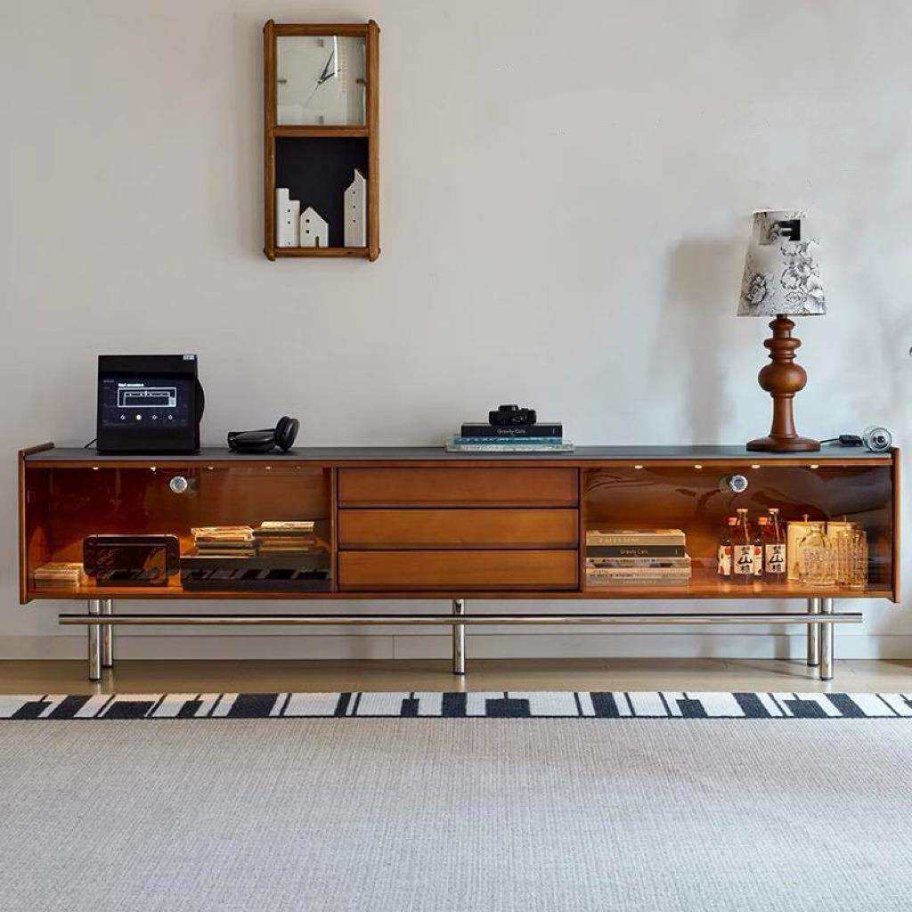 实木中古风电视柜岩板小户型储物柜一体客厅落地柜客厅复古电视柜