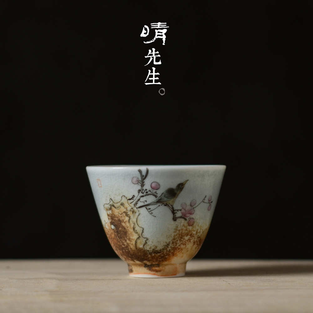 景德镇柴烧色水点桃花手绘薄胎品茗杯开片茶杯可养单个主人杯茶具