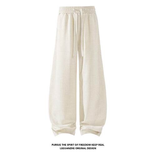 3pcs men’s wide-leg linen cotton pants, , elastic waist wit