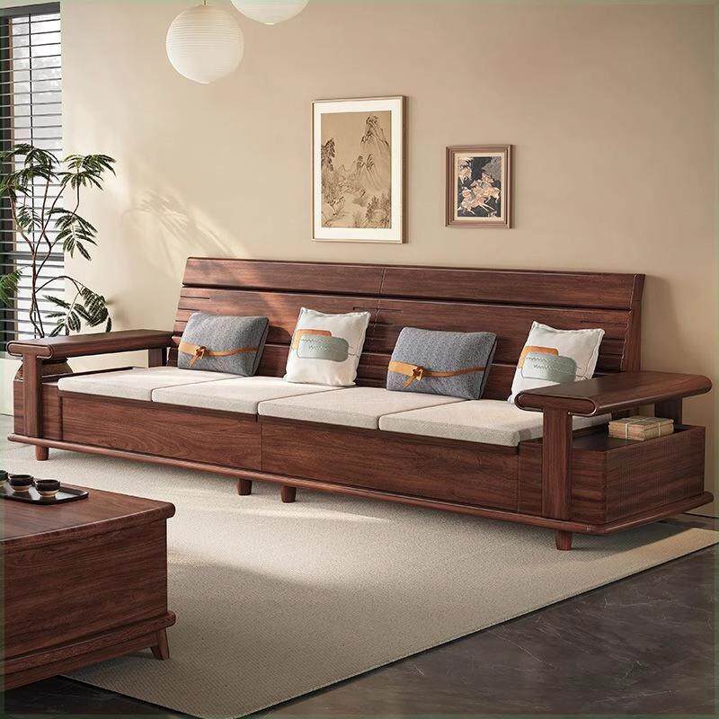 北美黑胡桃实木沙发组合客厅冬夏两用储物沙发直排四人位带贵妃榻