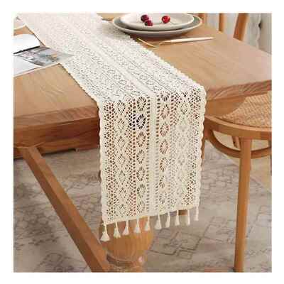 Vintage Beige Table Runner Christmas Crochet Lace Cotton Ble