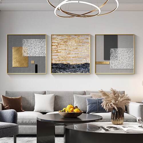 现代简约轻奢餐厅挂画晶瓷画客厅装饰画北欧抽象沙发背景墙三联画