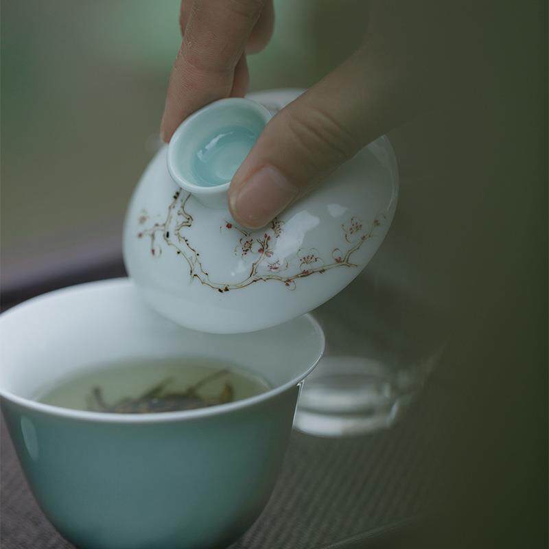 无落 景德镇精工釉下粉彩手工手绘探幽梅花慕言薄胎盖碗不烫手