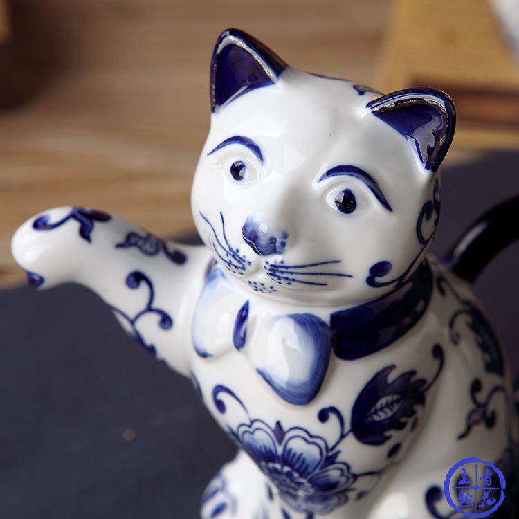 客厅茶室创意陶瓷壶青花瓷猫陶瓷凉水果汁壶中式装饰茶壶创意摆件
