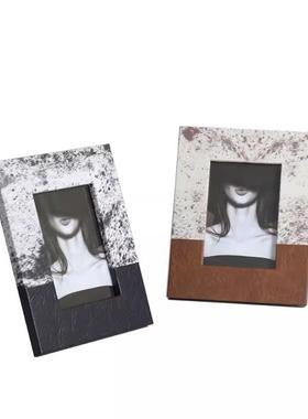 现代简约毛皮纹皮革黑拼棕拼相框客厅卧室样板间桌面茶几装饰摆件