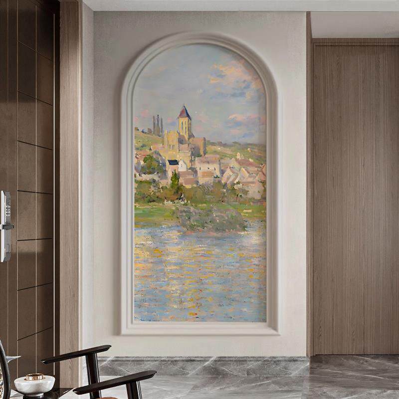 现代法式入户玄关装饰画轻奢竖版拱形走廊过道莫奈风景壁画3d壁纸