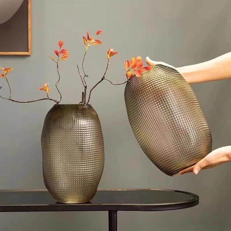 北欧中古琥珀色颗粒玻璃花瓶干花水培插花瓶大号简约家居客厅摆件