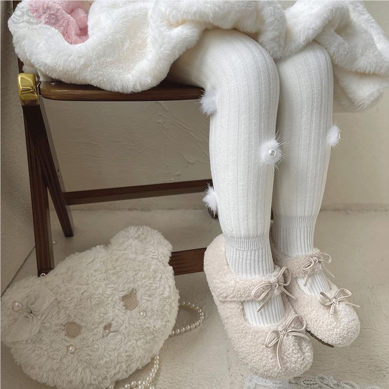 女童毛毛球连裤袜复合加绒宝宝日系可爱中筒袜小童秋冬保暖打底袜