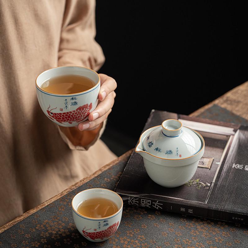 福鱼陶瓷快客杯功夫手绘一壶二杯车载便携收纳包旅行茶具套装