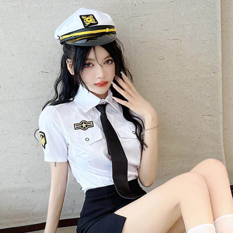 夏季网红直播衣服女主播纯欲空姐制服短袖白色衬衣领带衬衫上衣