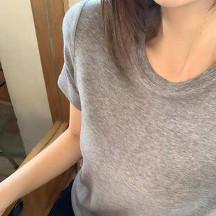 U领上衣打底衫 特舒服 正肩圆领 灰色莱赛尔天丝羊毛T恤短袖 女夏季