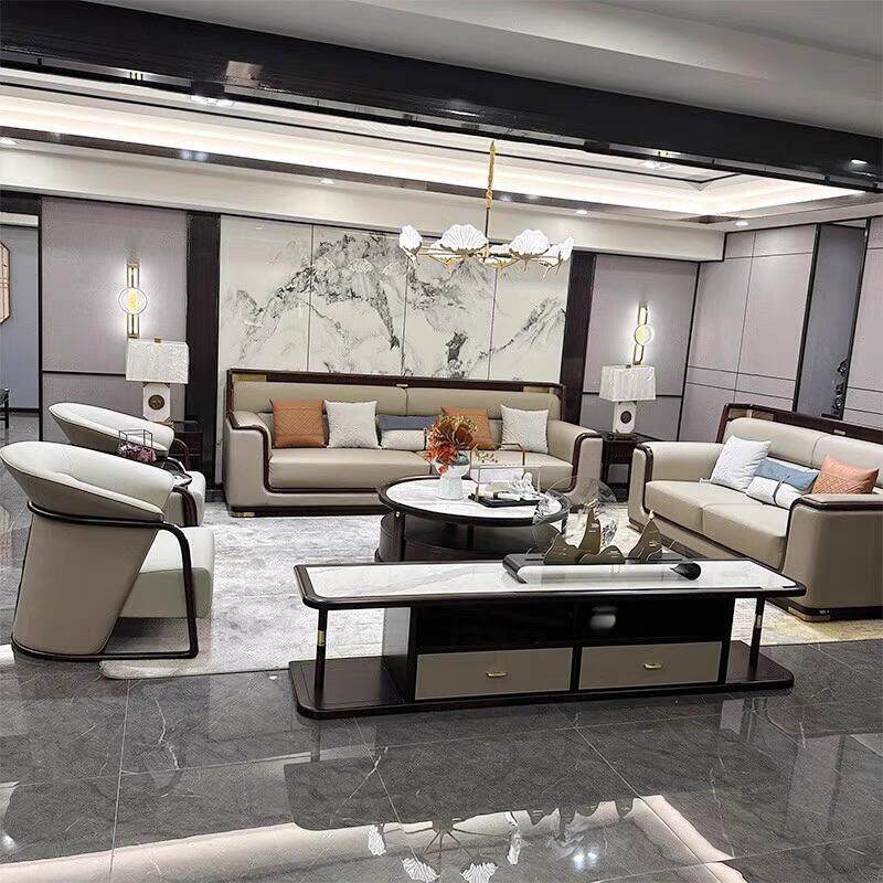 新中式实木真皮沙发组合轻奢简约现代大小户型客厅别墅极简沙发