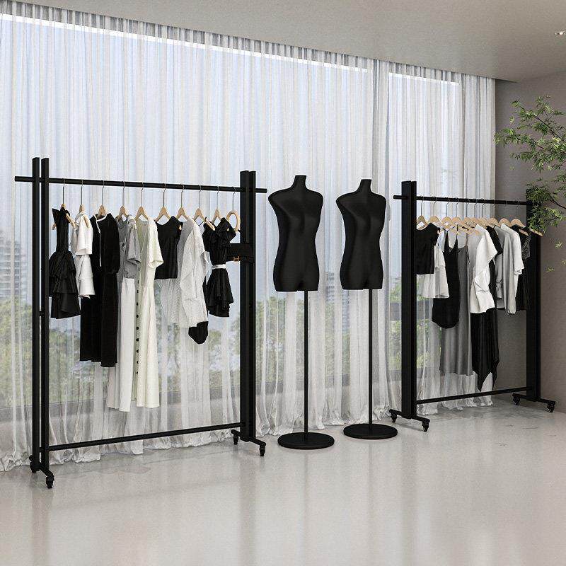 高档服装店展示架落地式带轮子网红女装专用双管黑色陈列货架衣架