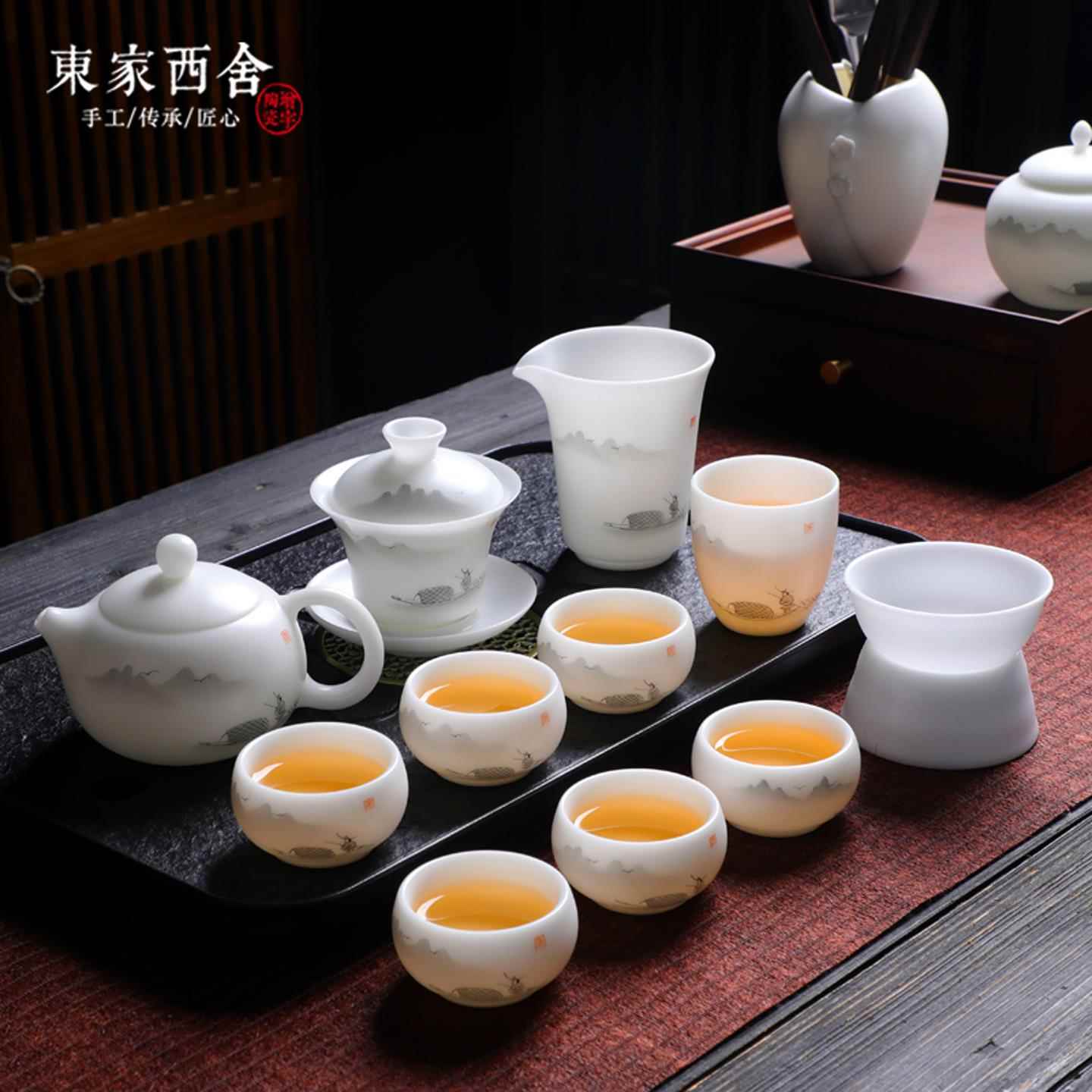 德化白瓷冰种玉瓷功夫茶具手绘水墨中国风套装素烧羊脂玉盖碗茶壶
