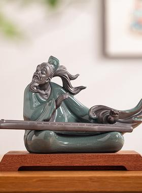 陶瓷禅意历史人物摆件大号伯牙抚琴钟子期雕像茶室桌面装饰工艺品