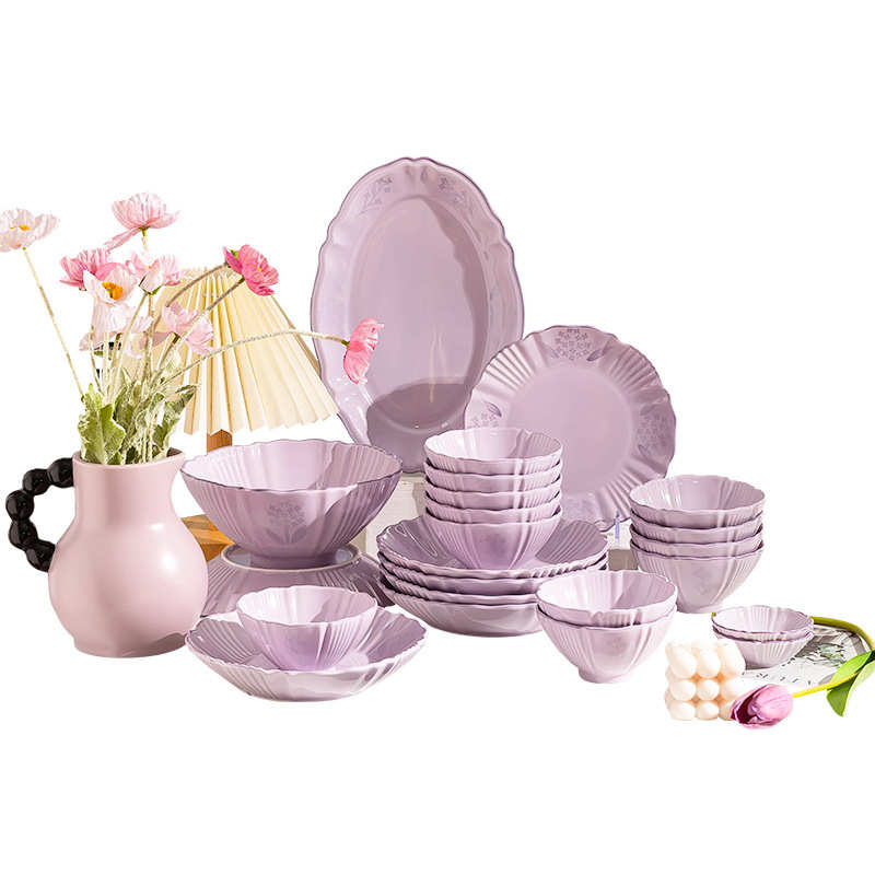 高颜值碗碟套装梦幻紫铃兰碗盘筷组合全套礼品餐具高级感饭碗盘子