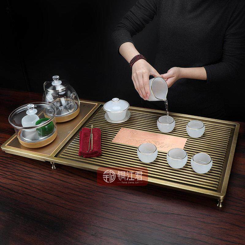 整块纯黄铜彷古拉丝茶盘轻奢排水茶托盘家用商用茶海干泡茶台