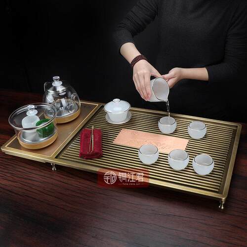 整块纯黄铜彷古拉丝茶盘轻奢排水茶托盘家用商用茶海干泡茶台