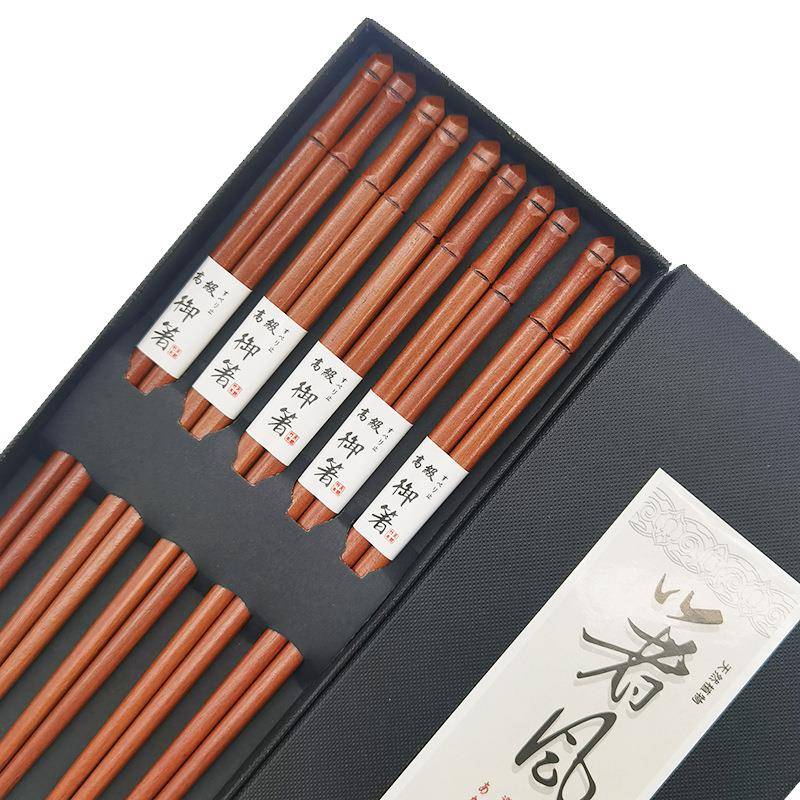 新款直销红檀木尖塔工艺木筷子五双礼盒装实木筷子家庭用筷酒店筷