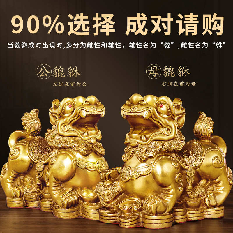 貔貅摆件聚财纯铜公母一对家用办公室居家客厅豸皮丘貔恘