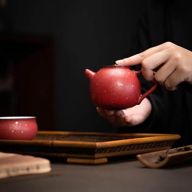 粉引桔红釉静壶 日式手工洒金小号茶壶单壶功夫茶具泡茶壶泡茶器