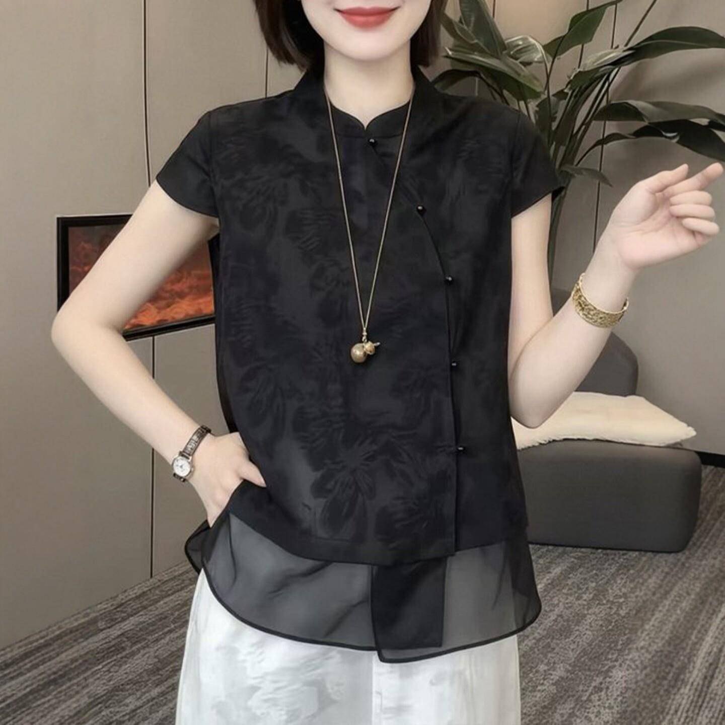 极速新中式国风黑色立领短袖假两件衬衫女Q中老年休闲百搭宽松上