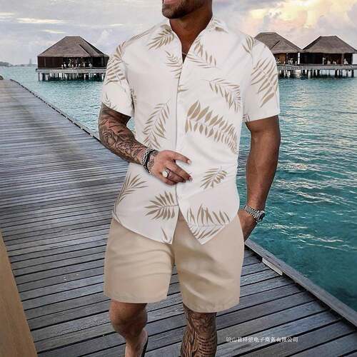 Men's White & Red Tropical Wave Print 2-Piece Loungewear Set