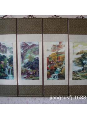 家居装饰工笔山水四条屏春夏秋冬丝绸画卷轴成套国画T42