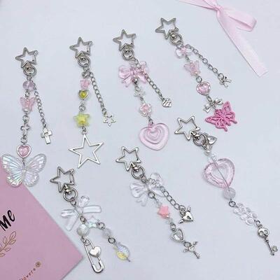 Butterfly Star Pendant Phone Charm Black Rope Beaded Key