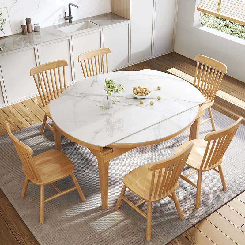 12mm加厚岩板餐桌可伸缩圆餐桌椅组合收缩变形桌北欧全实木1.35米
