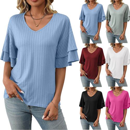 Women's collar, lotus leaf sleeves, short sleeved T-shirt,