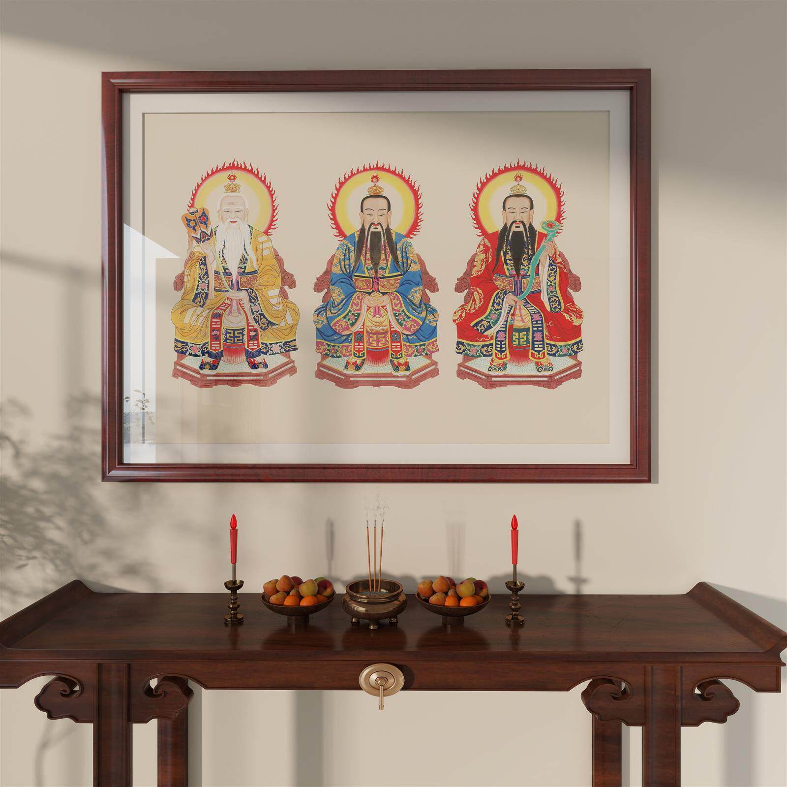 三清祖师画像神像挂画道德天尊元始天尊太上老君实木框中堂装饰画