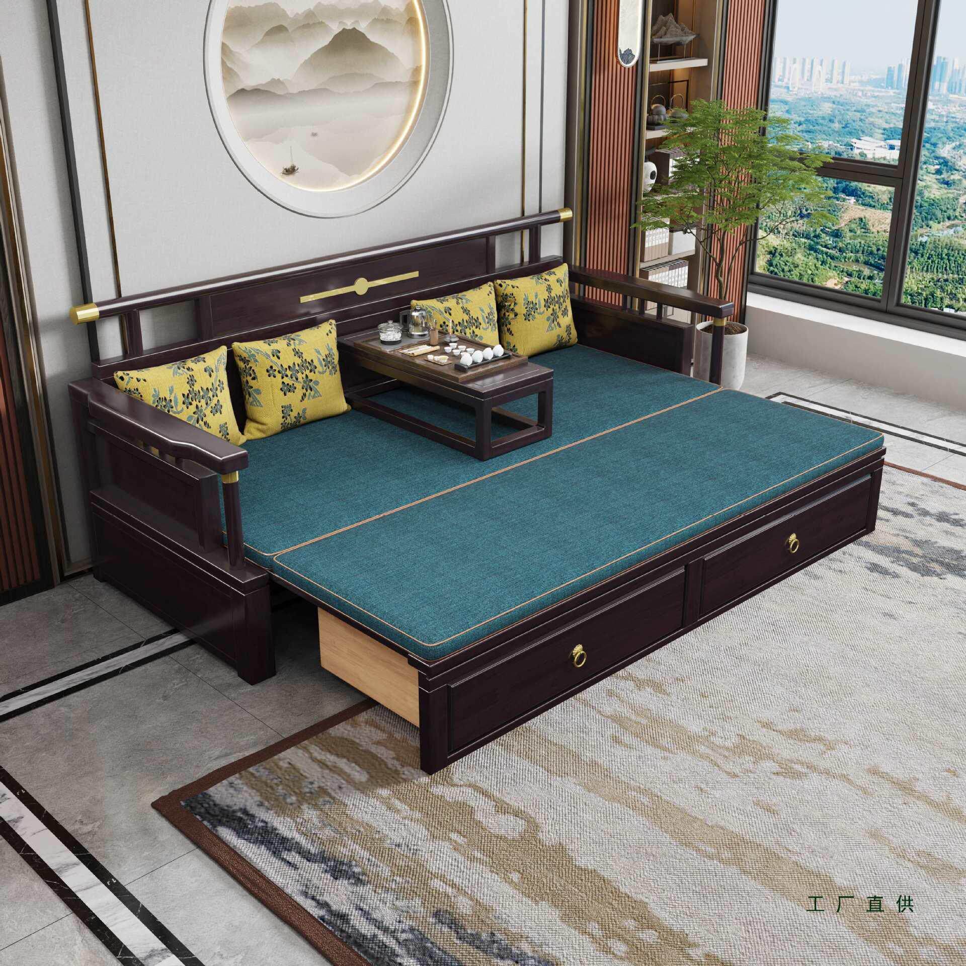 新中式全实木罗汉床客厅小户型禅意推拉沙发床两用客厅纯实木家具