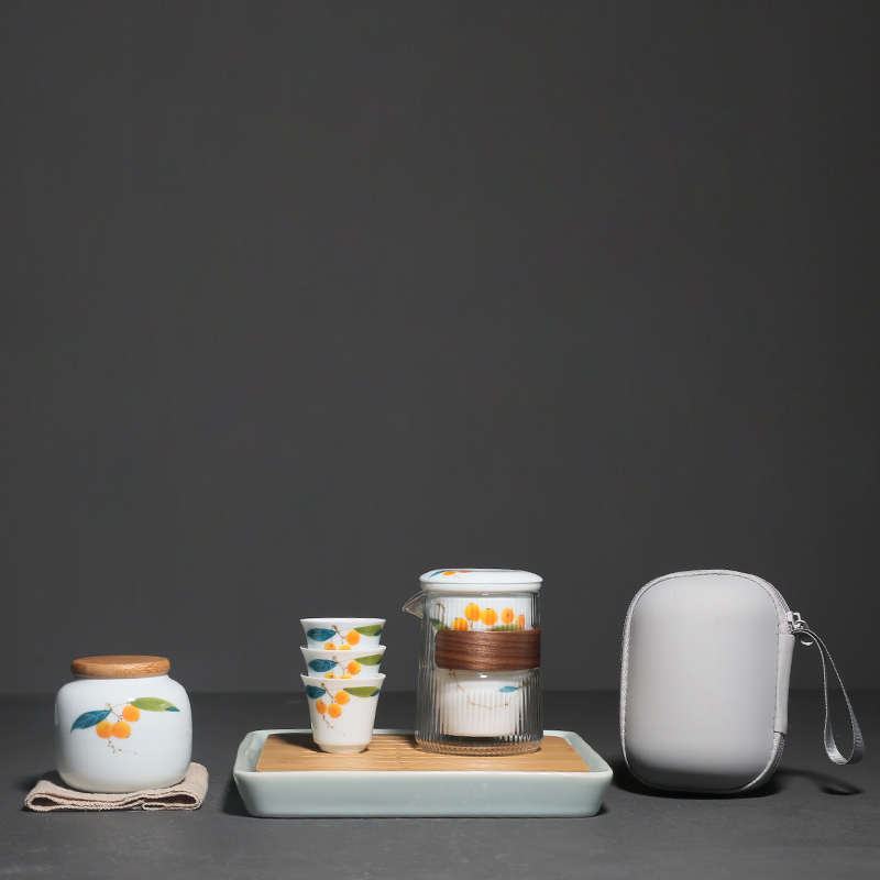 青瓷手绘枇杷快客杯隔热陶瓷一壶三杯玻璃便携式旅行功夫茶具套装