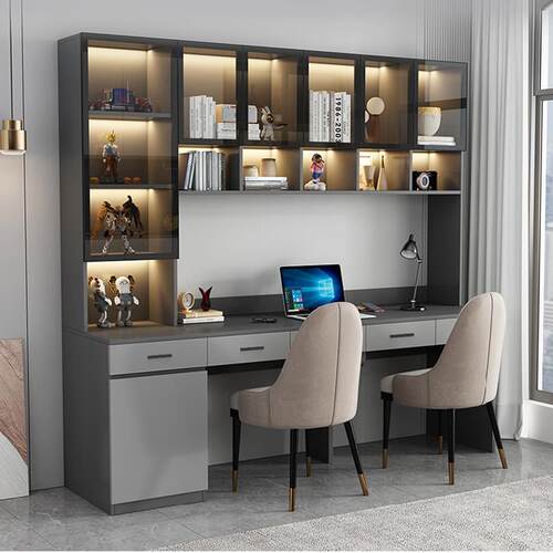 A9L双人书桌家用电脑桌卧室台式学生写字桌轻奢书架一体实木学习