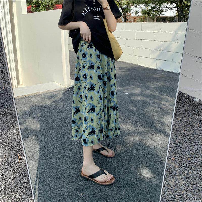 薄款雪纺碎花半身裙女春季新款高腰宽松中长版大尺码胖妹妹a字长