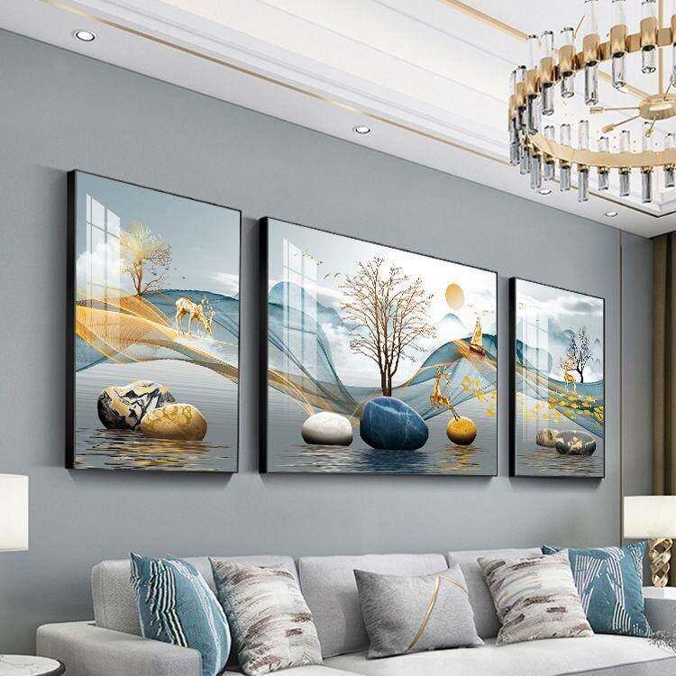 福鹿聚财客厅挂画北欧简约三联壁画高档大气墙画沙发背景墙装饰画