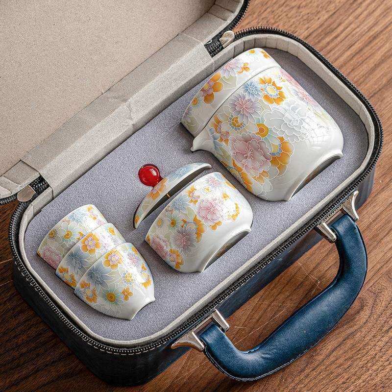仿古釉万花陶瓷快客杯泡茶壶茶杯便携式户外旅行茶具套装一壶四杯