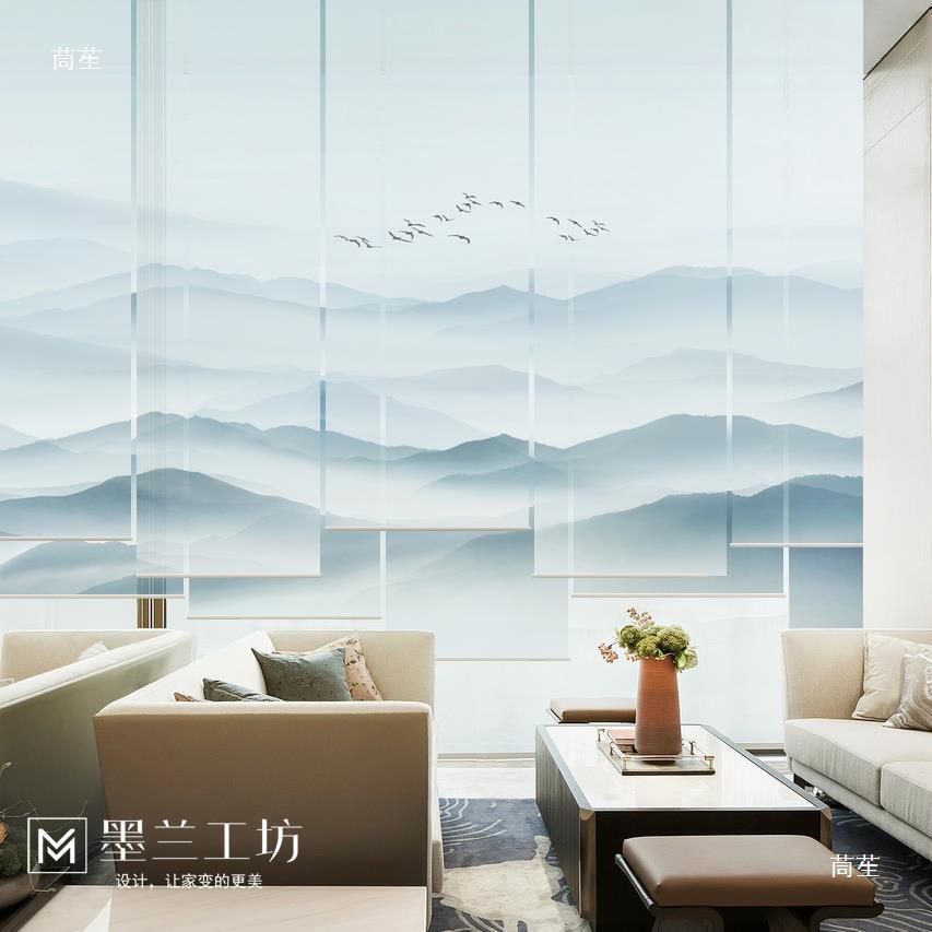 半动透遮明办公室光遥控中手日式tfgfghsd电动山水卷帘软隔断屏风