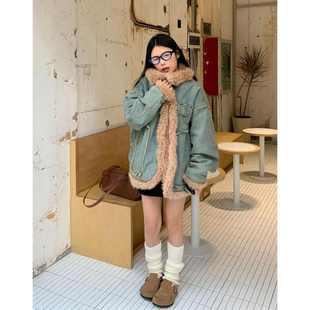 新款 奶FUFU牛仔外套女2023冬季 翻领仿羊羔绒拼接百搭夹克ins潮