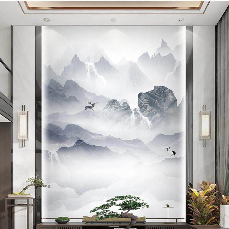 2024新款中式山水玄关竹木纤维集成护墙板楼道装饰画背景扣板快装