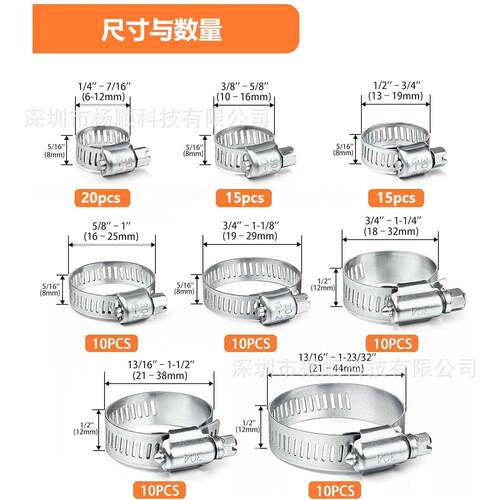 跨境100p箍cs盒装箍OEC34不锈钢美式卡接头软管夹喉60-44mm组合套