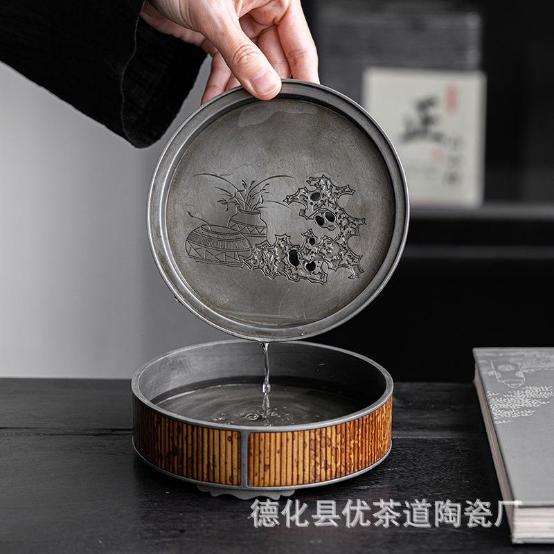 老壶承八方HC-5861纯锡茶壶水托蓄盖茶盘锡碗底托主人垫梅鹿干泡