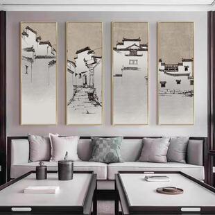 徽派建筑客厅装饰画新中式中国风茶室挂画酒店包间大气四联墙壁画