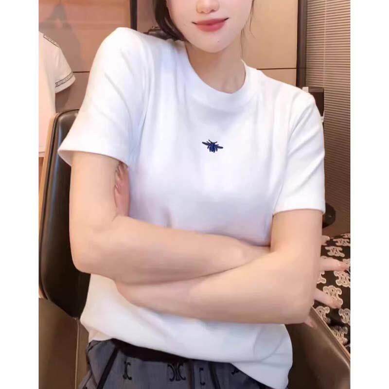 白色刺绣短袖T恤女士夏季欧货圆领纯棉正肩上衣后背印花修身T恤