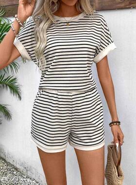 2 Piece Set Women ' s Knit Lounge Set Summer Striped Round
