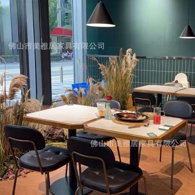 美式餐厅小酒馆方桌实木岩板桌椅组合咖啡厅甜品店大理石复古餐桌