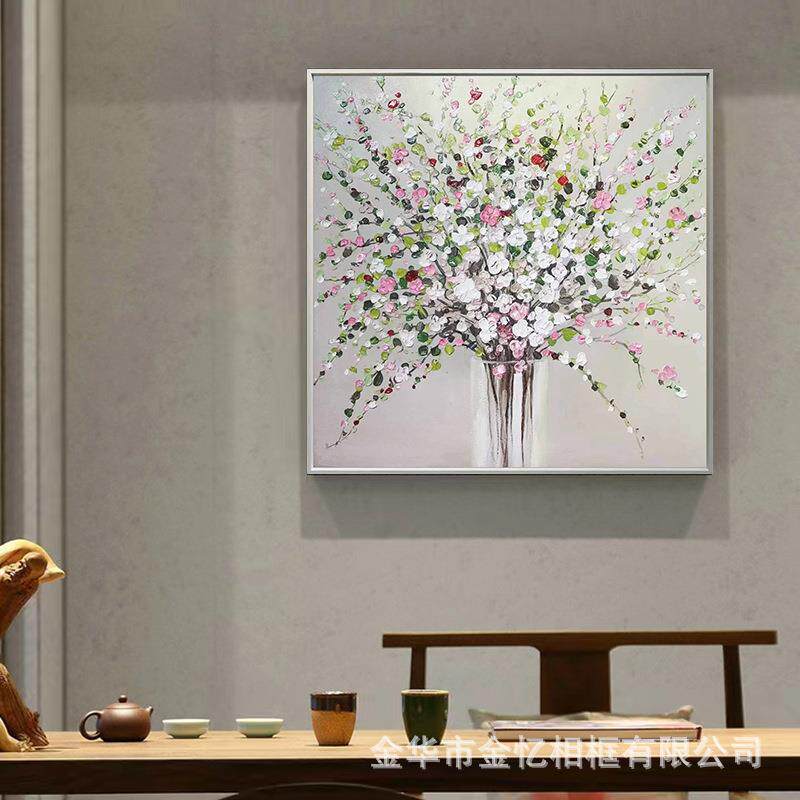 纯手绘粉红蓝色调餐厅花卉装饰画立体唯美式艺术油画女孩卧室挂画