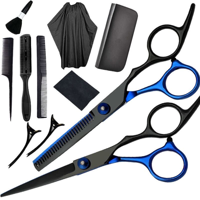 11件套理发剪刀 厂家黑蓝不锈钢平剪刘海打薄碎发牙剪美发剪